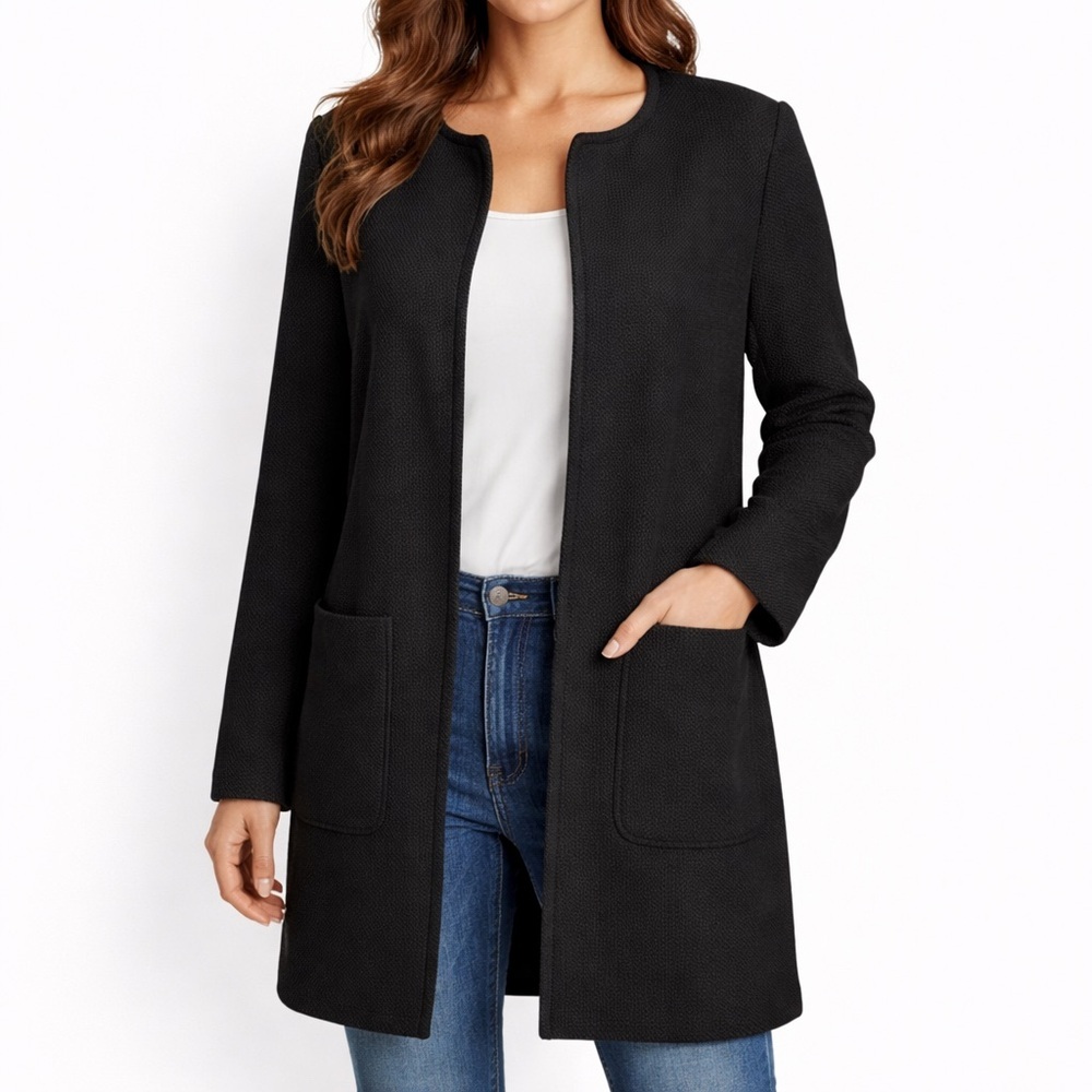 Black Textured Knit Coatigan Coat Cardigan Blazer Longline Jacket Size 12 Large